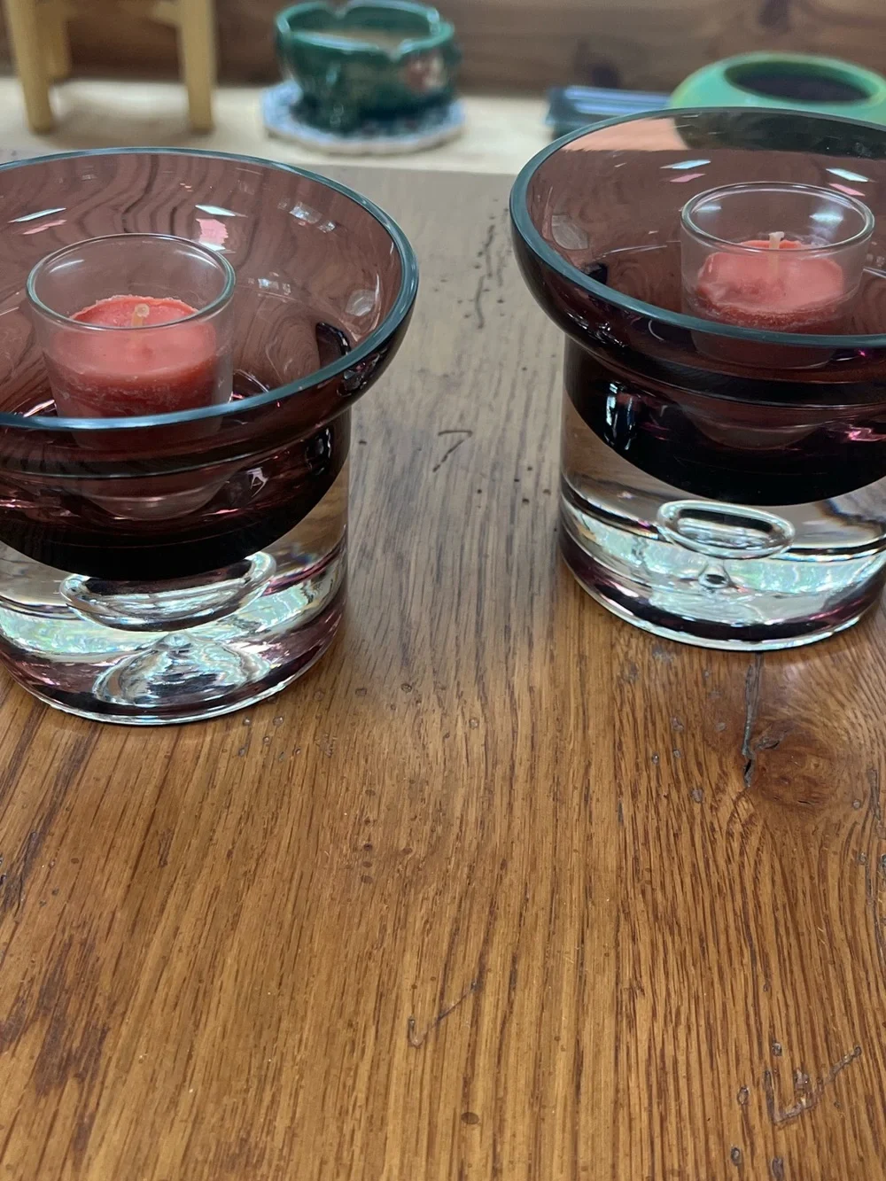 Vintage Krosno Poland Amethyst Glass Votive Candle Holders - Set of 2